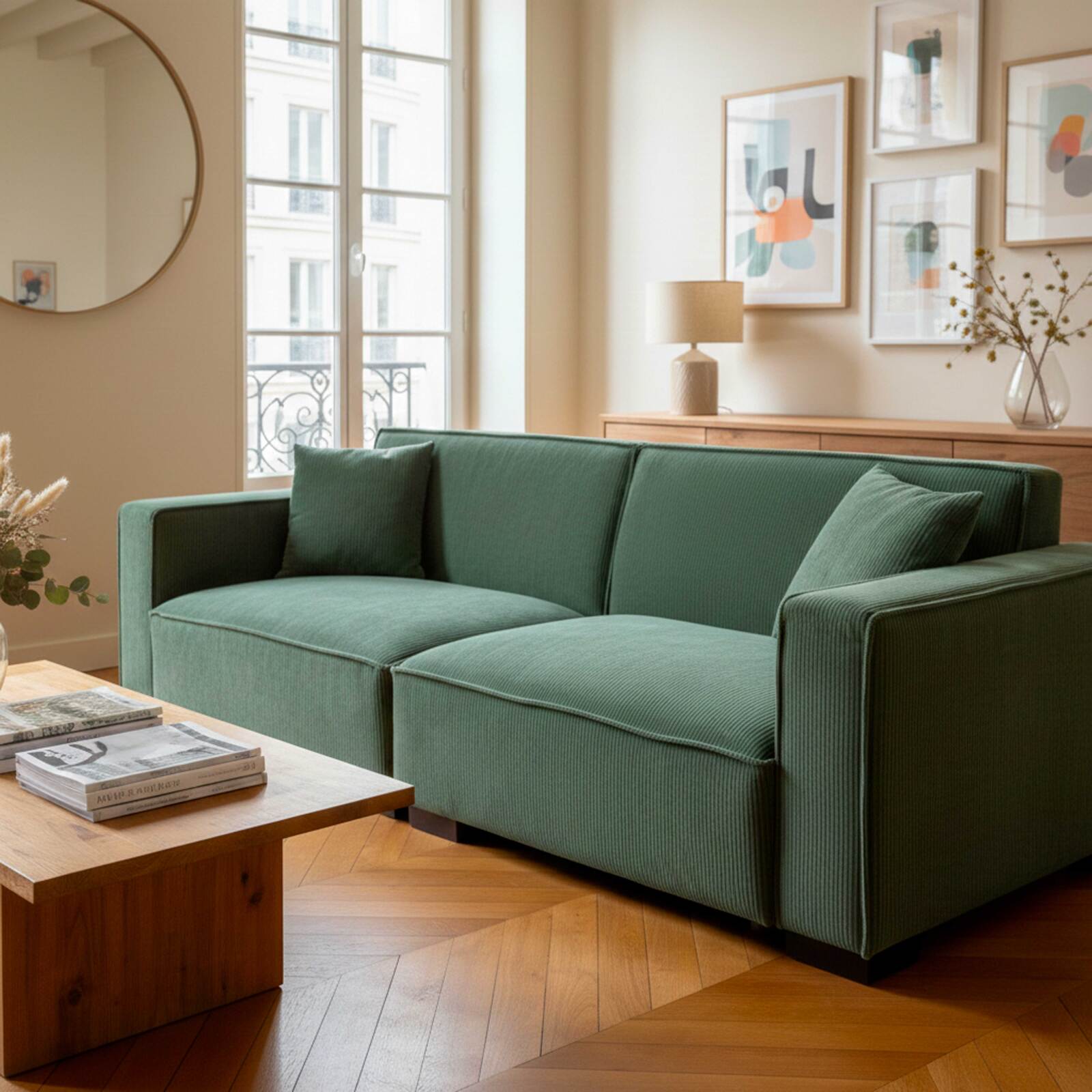 Sofá de 3 plazas de pana con cojines