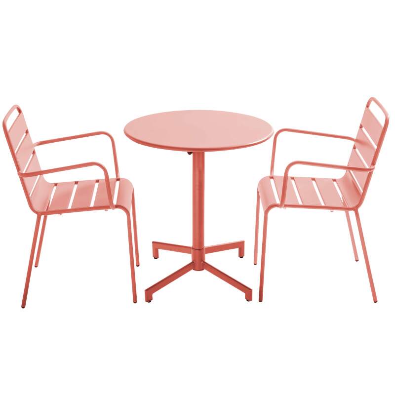 Mesa de jardín bistro redonda inclinable de metal con pie emprotado 70x70 cm y 2 sillas con reposabrazos