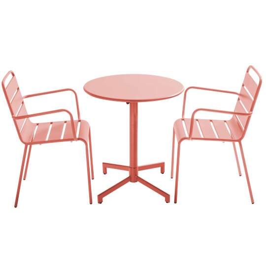 Mesa de jardín bistro redonda inclinable de metal con pie emprotado 70x70 cm y 2 sillas con reposabrazos | Oviala