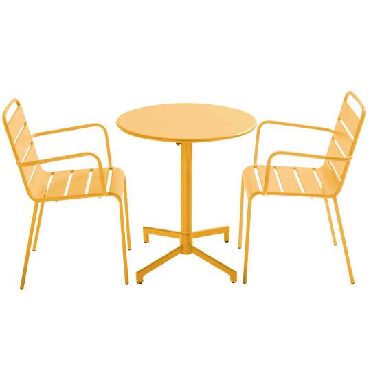 Mesa de jardín bistro redonda inclinable de metal con pie emprotado 70x70 cm y 2 sillas con reposabrazos | Oviala