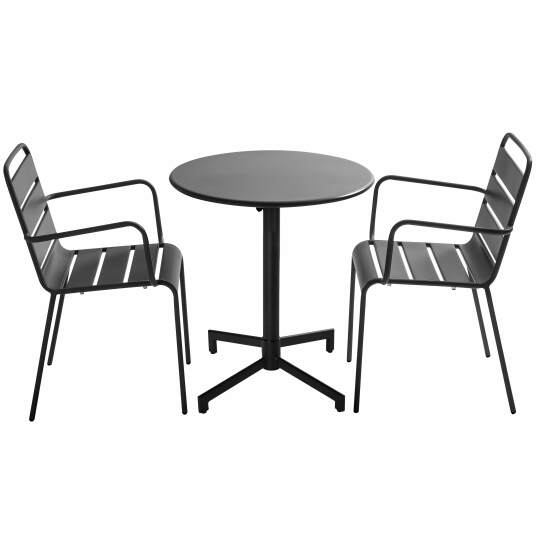 Mesa de jardín bistro redonda inclinable de metal con pie emprotado 70x70 cm y 2 sillas con reposabrazos | Oviala