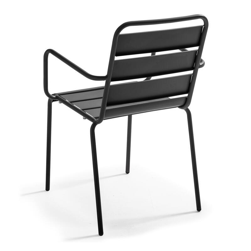 Mesa de jardín bistro redonda inclinable de metal con pie emprotado 70x70 cm y 2 sillas con reposabrazos (10/11)