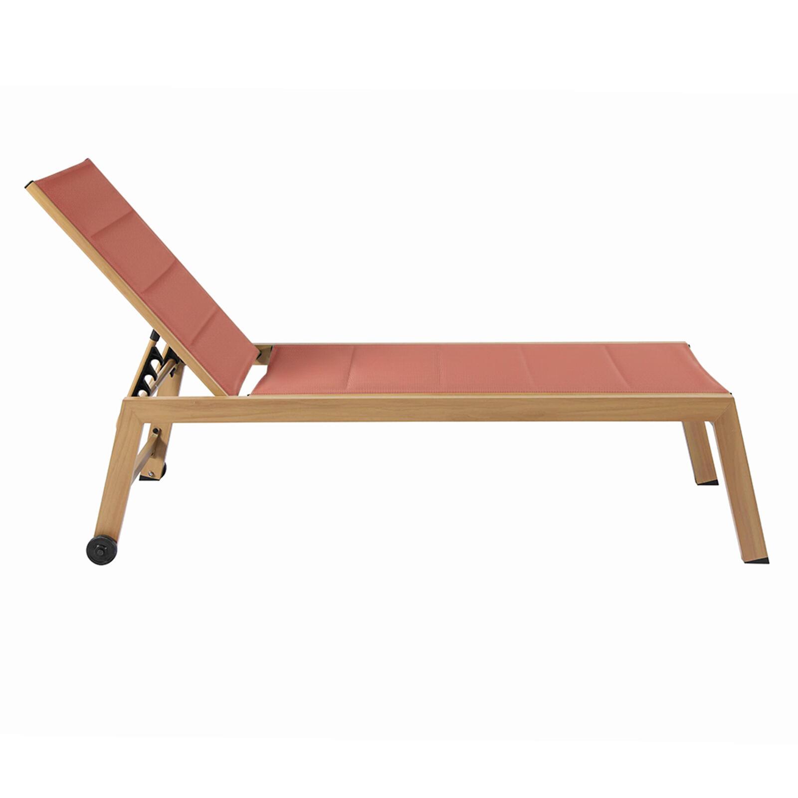 Tumbonas de aluminio efecto madera y textileno reclinables 5 posiciones con ruedas - Lote de 2