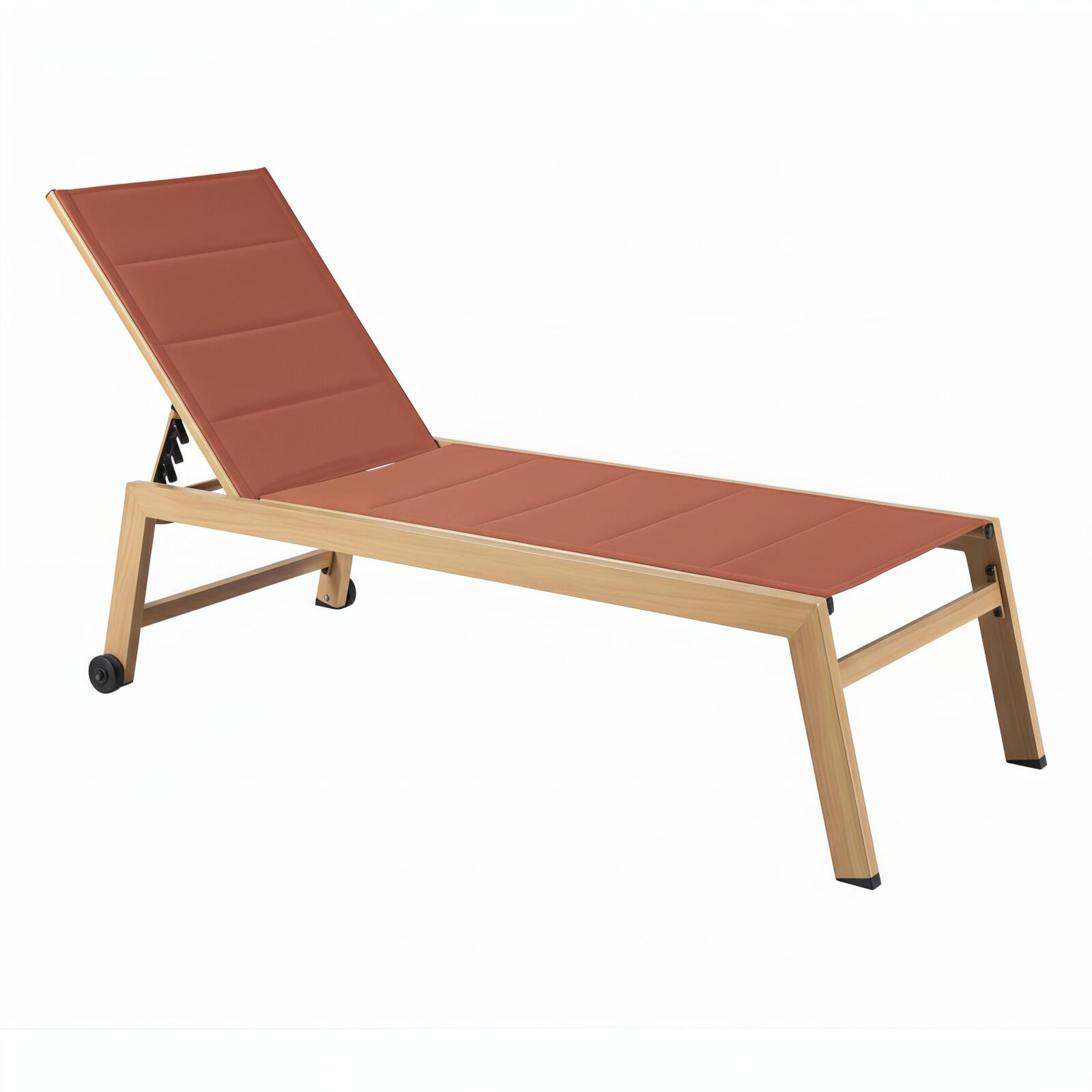 Tumbonas de aluminio efecto madera y textileno reclinables 5 posiciones con ruedas - Lote de 2