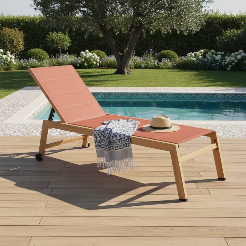 Tumbonas de aluminio efecto madera y textileno reclinables 5 posiciones con ruedas - Lote de 2