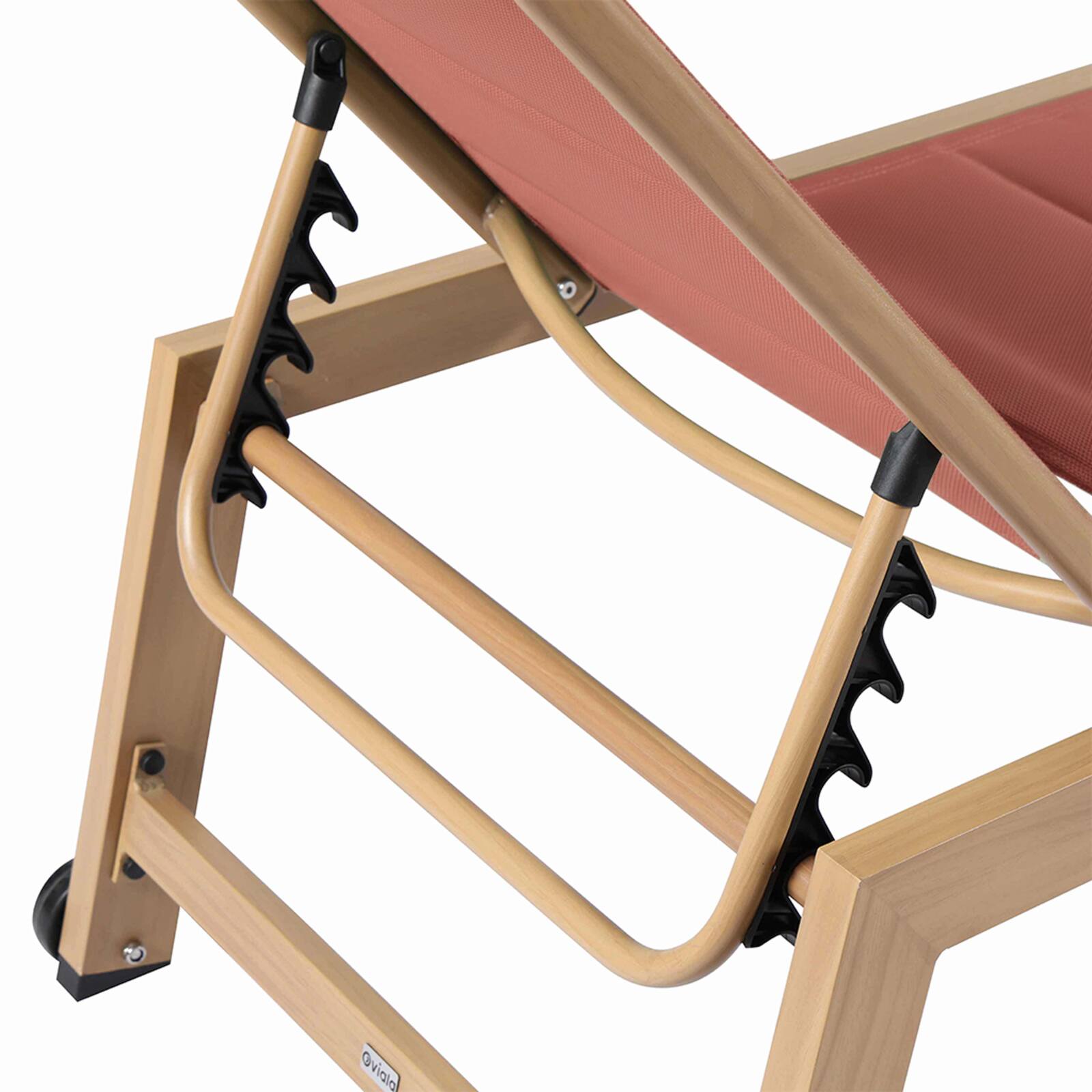 Tumbonas de aluminio efecto madera y textileno reclinables 5 posiciones con ruedas - Lote de 2