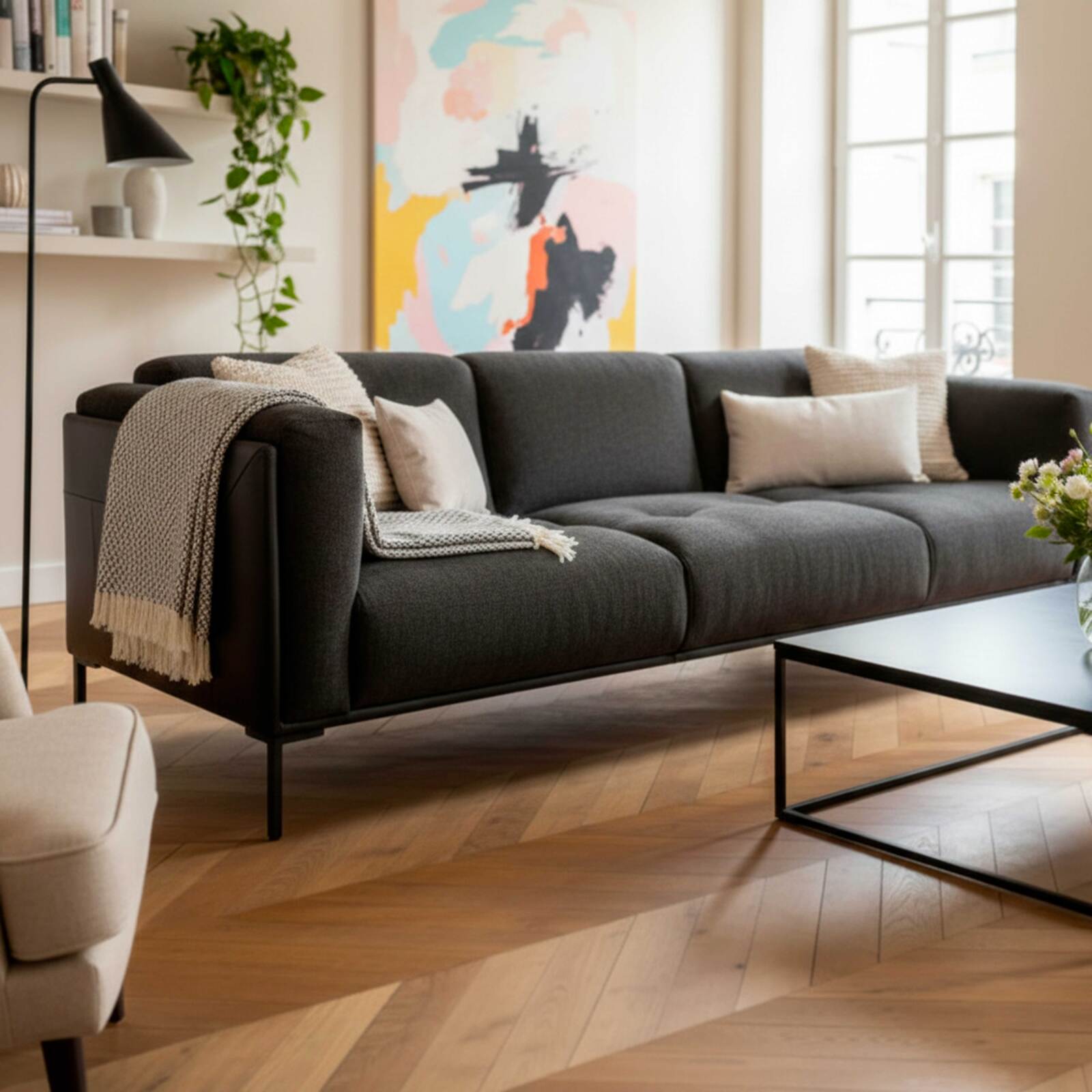 Sofá de 4 plazas dn piel y tejido jaspeado