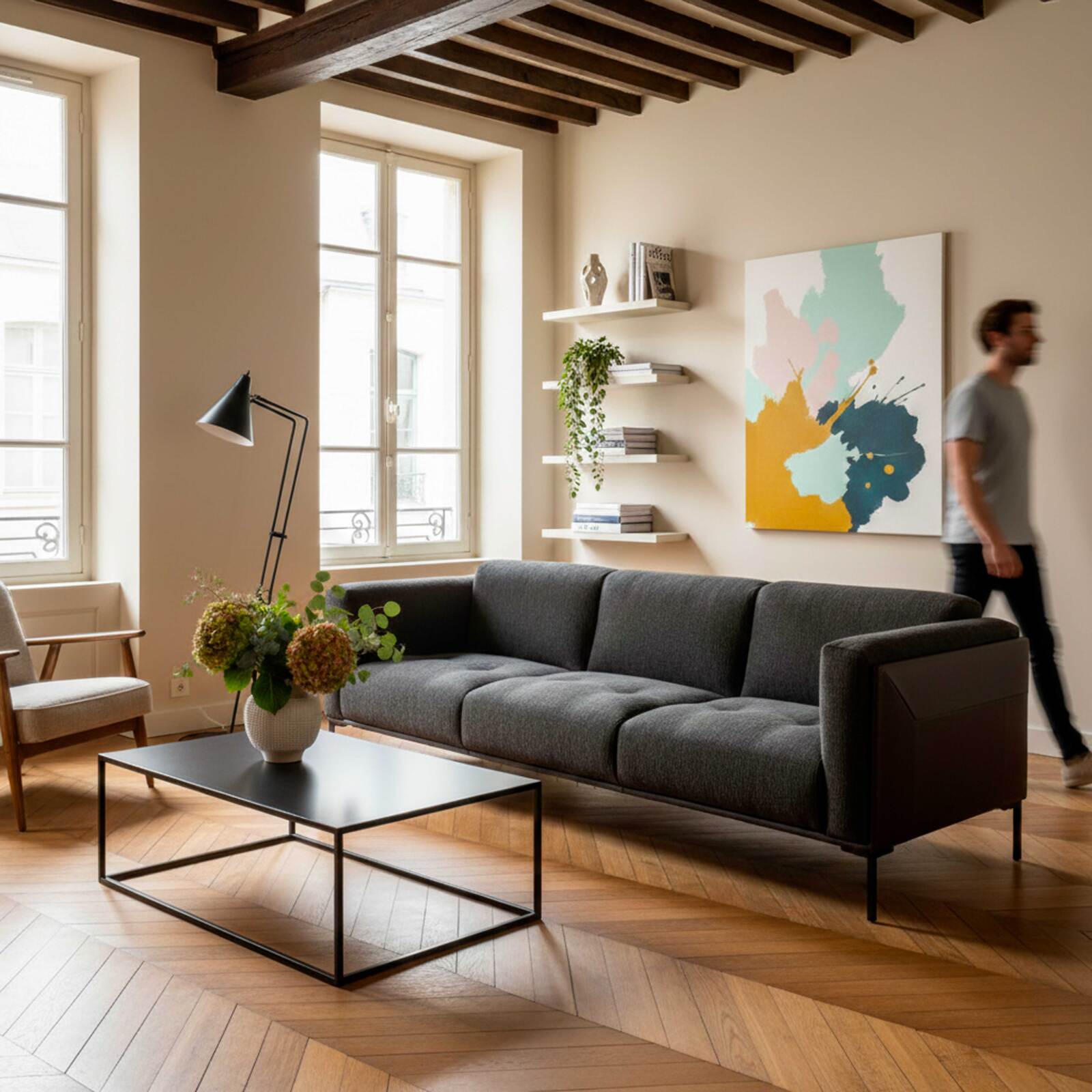 Sofá de 4 plazas dn piel y tejido jaspeado