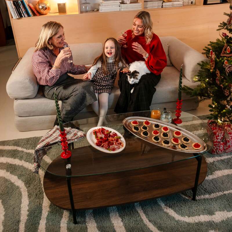 Mesa de centro de cristal y efecto madera oscura ovalada 120 x 55 x 40 cm