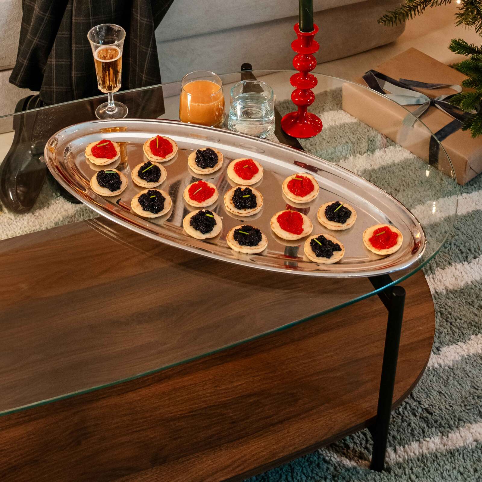 Mesa de centro de cristal y efecto madera oscura ovalada 120 x 55 x 40 cm