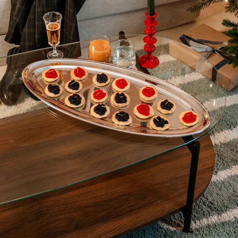 Mesa de centro de cristal y efecto madera oscura ovalada 120 x 55 x 40 cm (3/8)