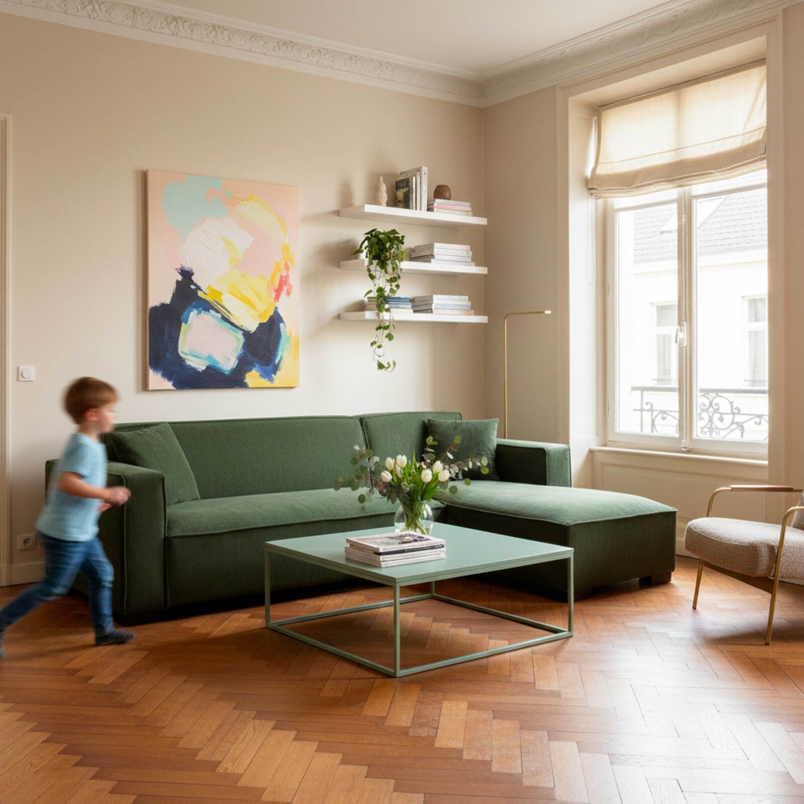 Sofá esquinero de 3 plazas de pana con chaise longue derecha y cojines