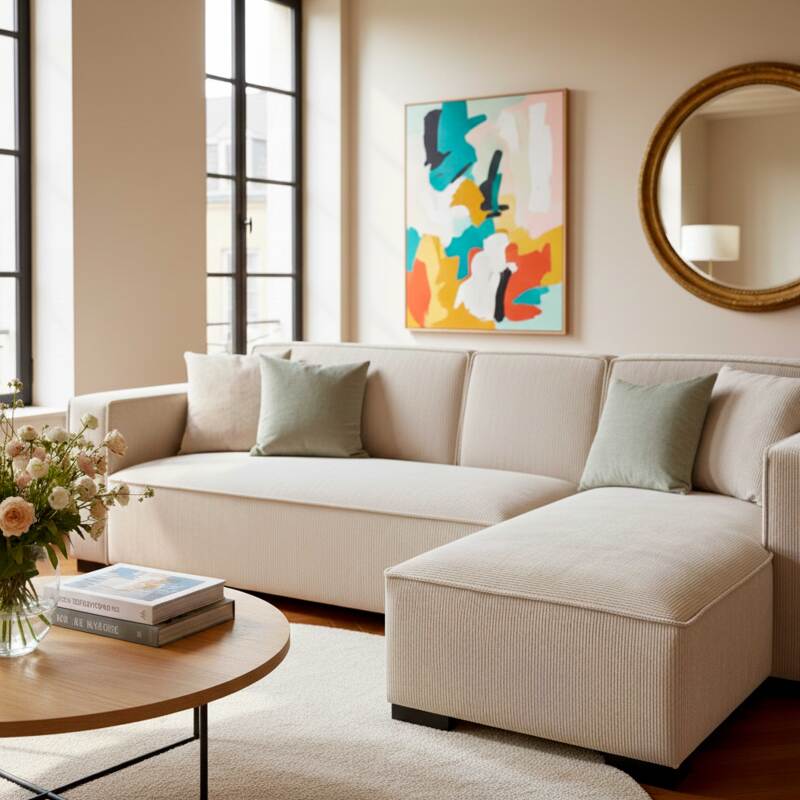 Sofá esquinero de 3 plazas de pana con chaise longue derecha y cojines (2/8)