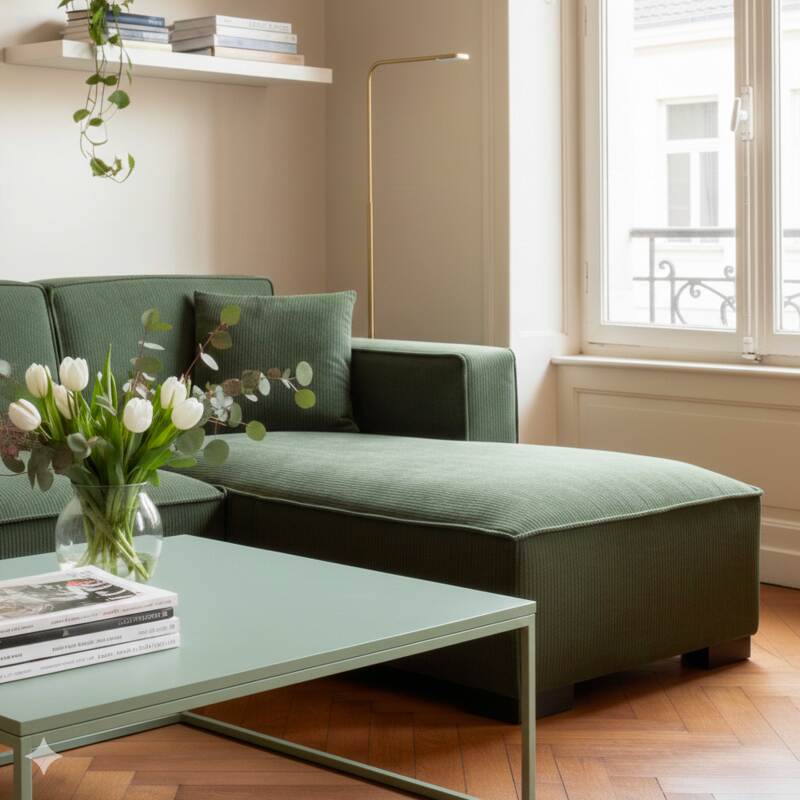 Sofá esquinero de 3 plazas de pana con chaise longue derecha y cojines (2/7)