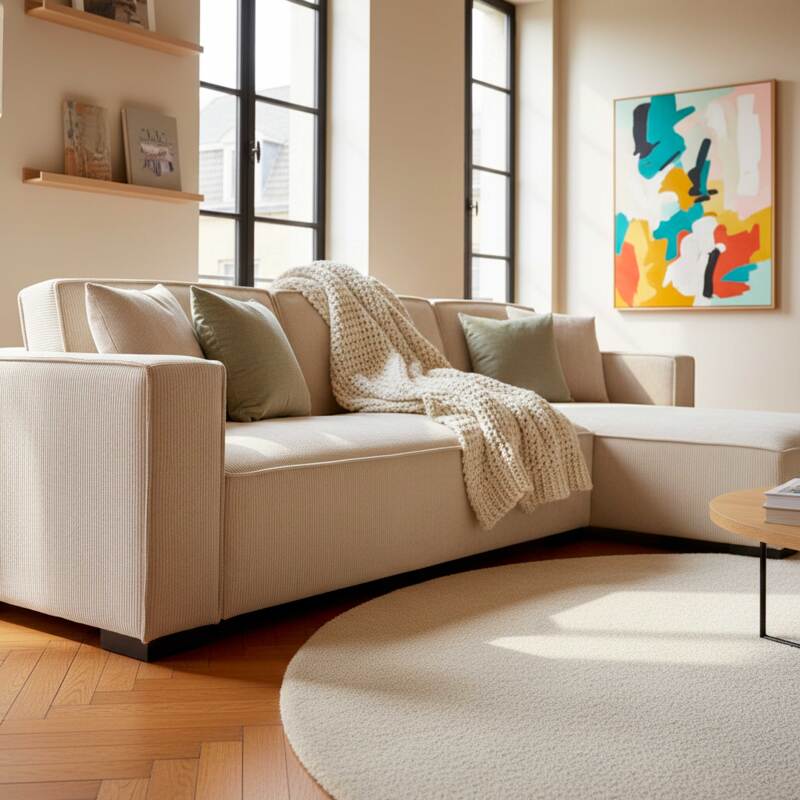 Sofá esquinero de 3 plazas de pana con chaise longue derecha y cojines (7/8)