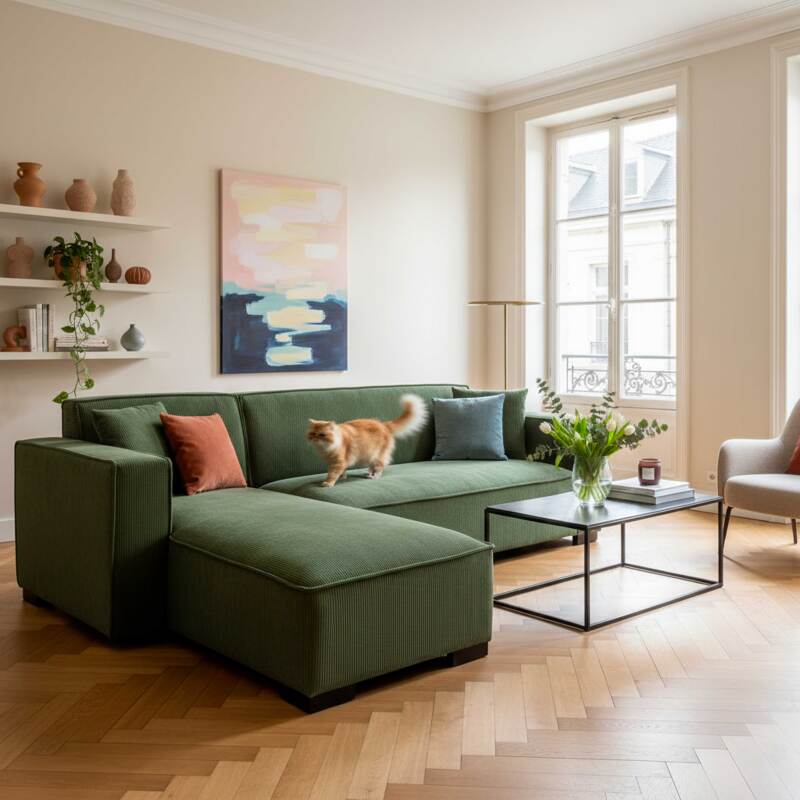 Sofá esquinero de 3 plazas de pana con chaise longue izquierda y cojines