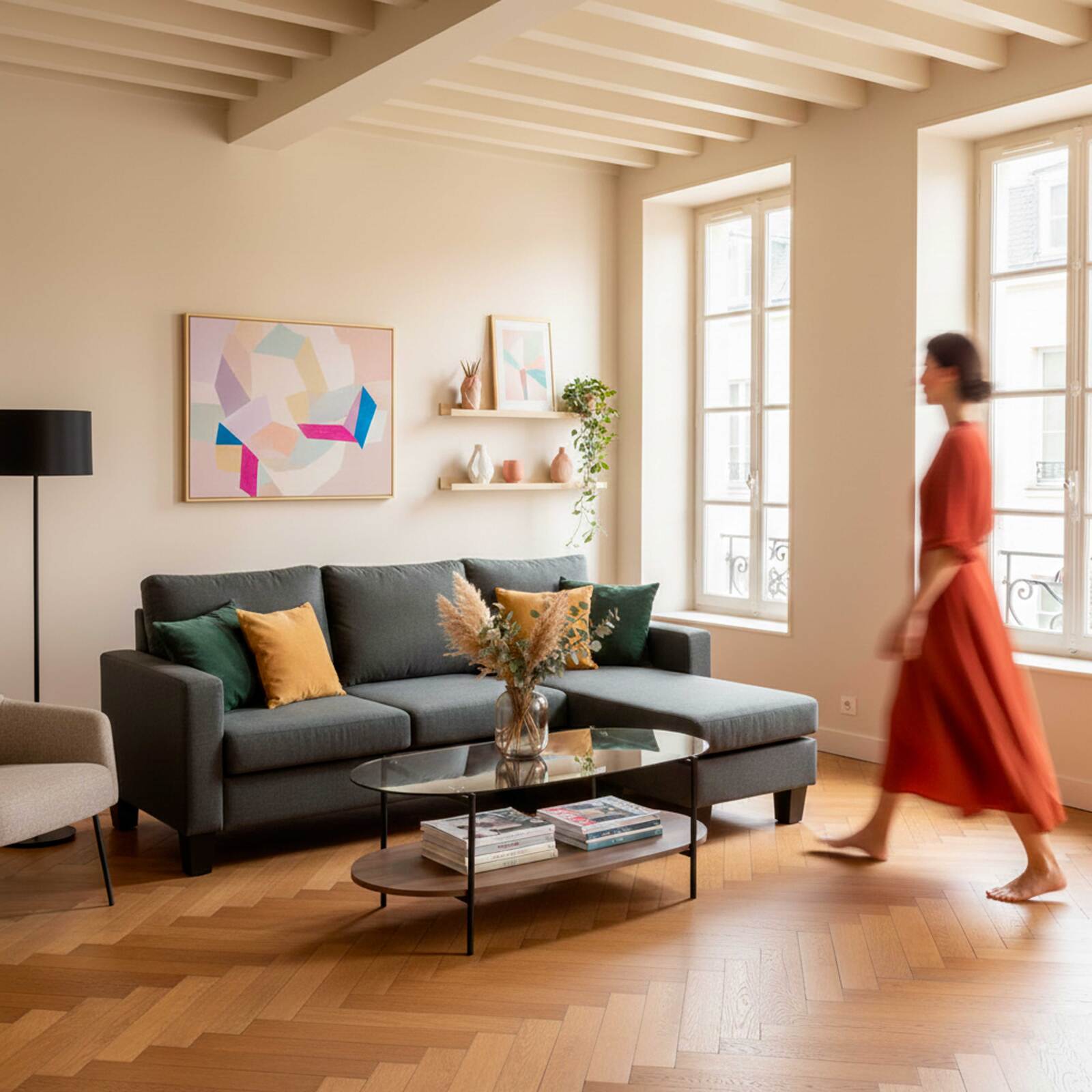 Sofá esquinero de 3 plazas de tela con chaise longue derecha