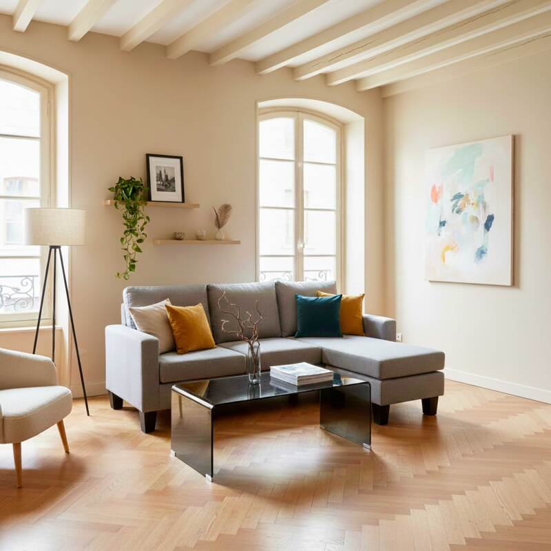 Sofá esquinero de 3 plazas de tela con chaise longue derecha (2/7)