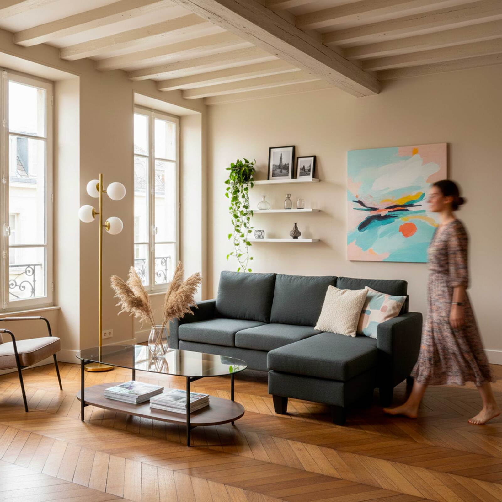 Sofá esquinero de 3 plazas de tela con chaise longue derecha