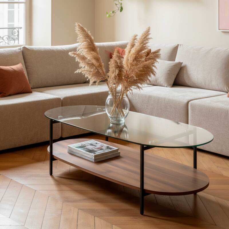 Mesa de centro de cristal y efecto madera oscura ovalada 120 x 55 x 40 cm (7/8)