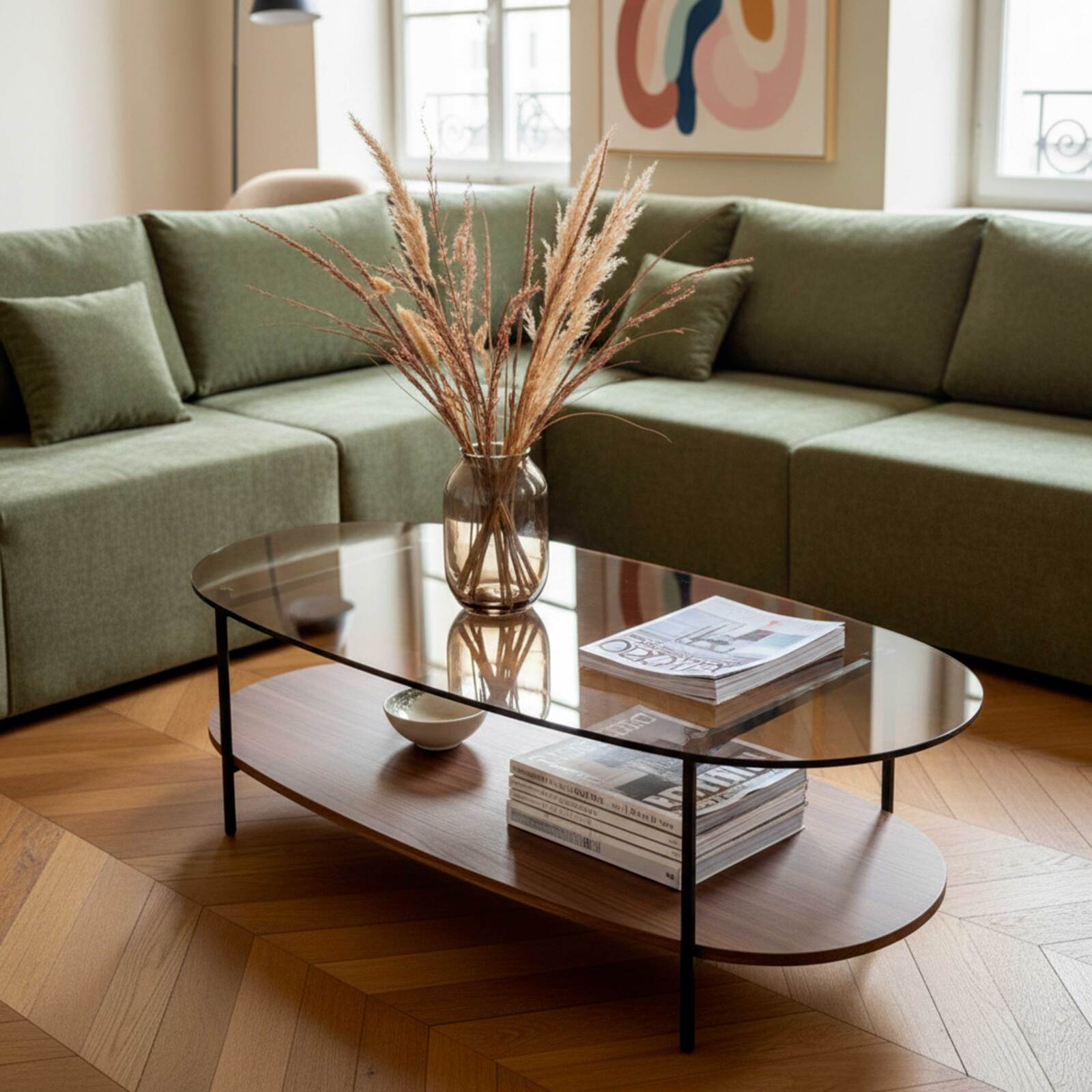 Mesa de centro de cristal y efecto madera oscura ovalada 120 x 55 x 40 cm