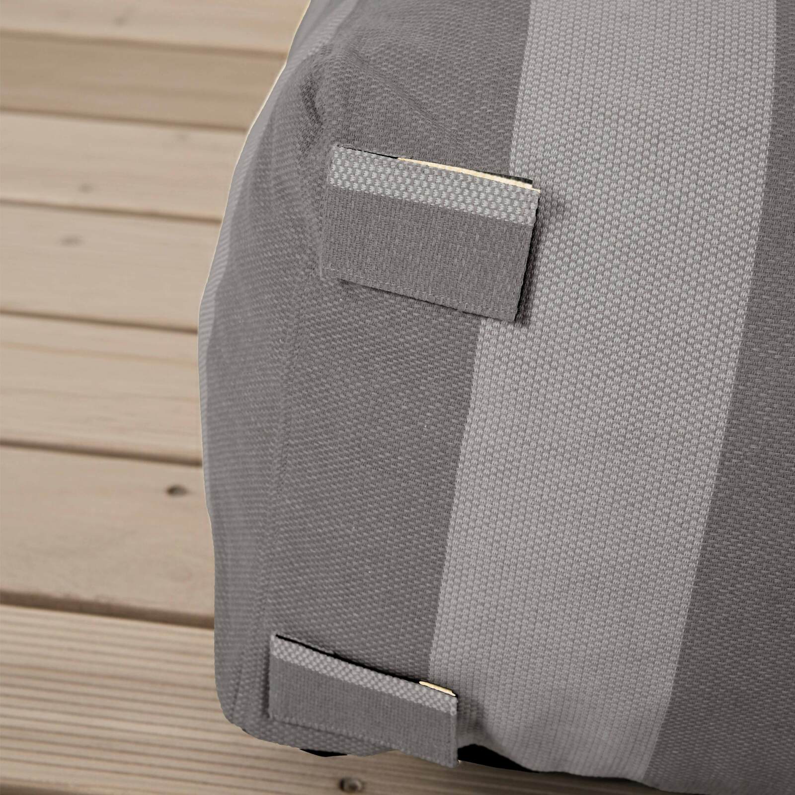 Sofá modular de exterior a rayas para 4 personas con 1 sillón, 2 sillones esquineros y 1 puf