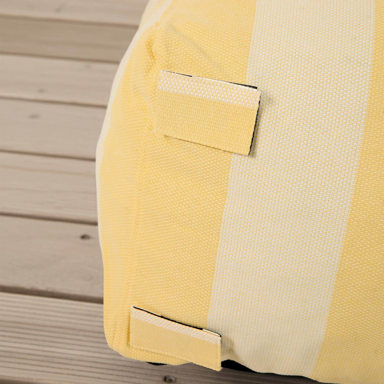 Sofá modular de exterior a rayas para 4 personas con 1 sillón, 2 sillones esquineros y 1 puf