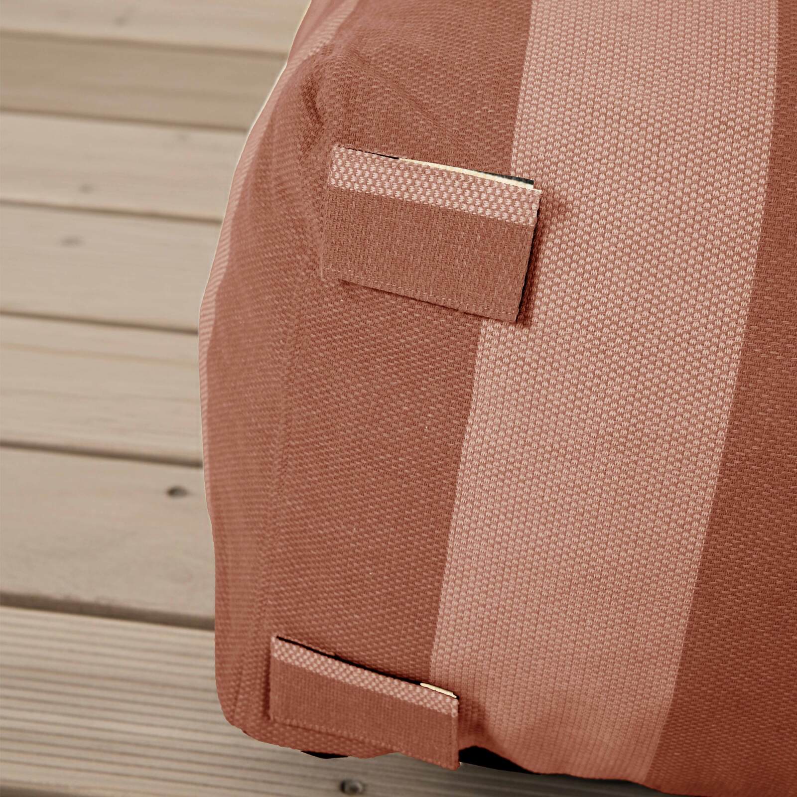 Sofá modular de exterior a rayas para 4 personas con 1 sillón, 2 sillones esquineros y 1 puf