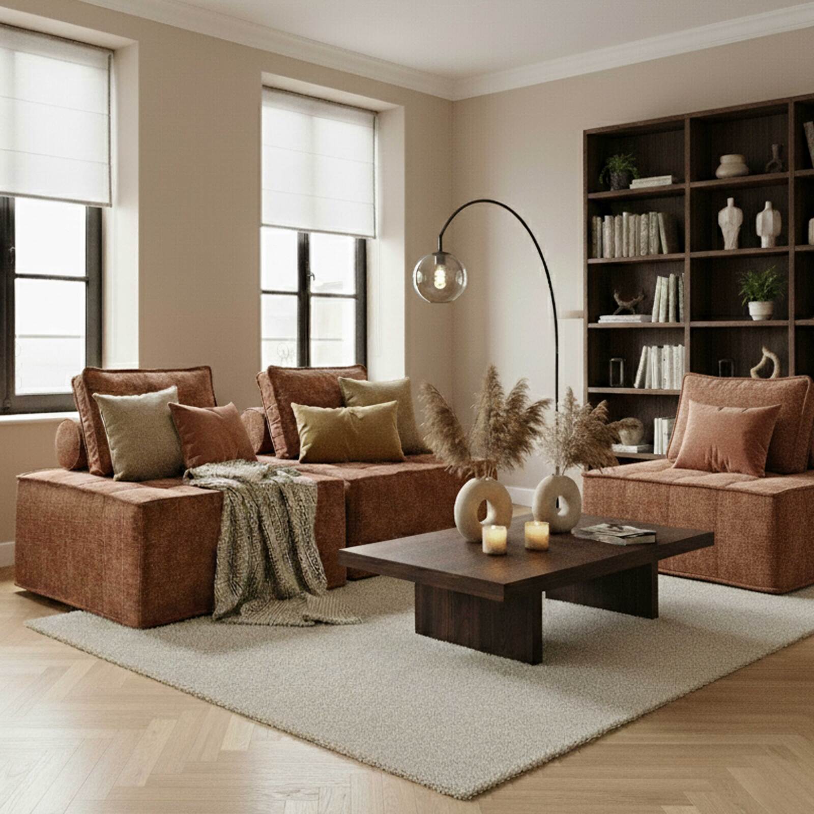 Sofá modular de 3 plazas de tela con cojines