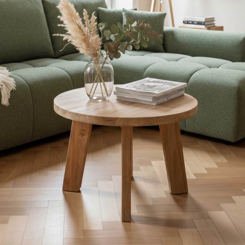 Mesa de centro de teca maciza reciclada redonda Ø50 cm estilo boho