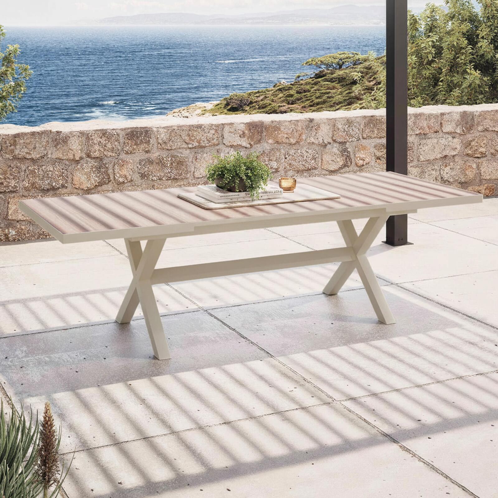 Mesa de jardín extensible de aluminio y cerámica efecto madera 8 a 12 personas 200/260x100 cm 