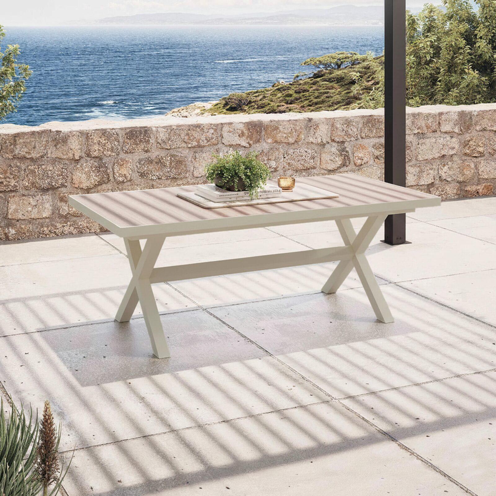 Mesa de jardín extensible de aluminio y cerámica efecto madera 8 a 12 personas 200/260x100 cm 