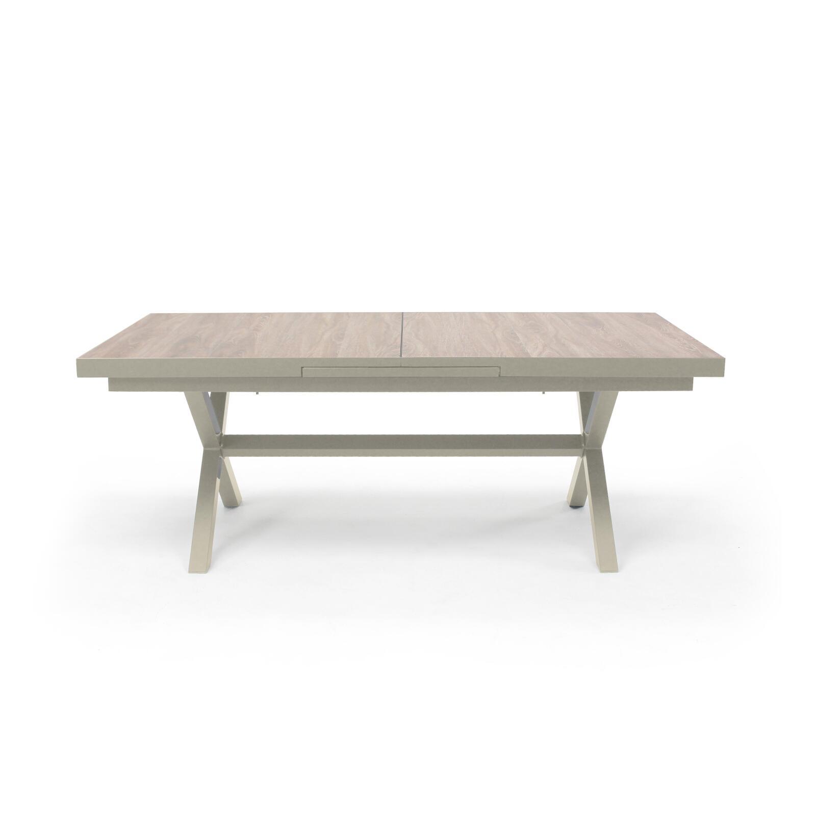 Mesa de jardín extensible de aluminio y cerámica efecto madera 8 a 12 personas 200/260x100 cm 