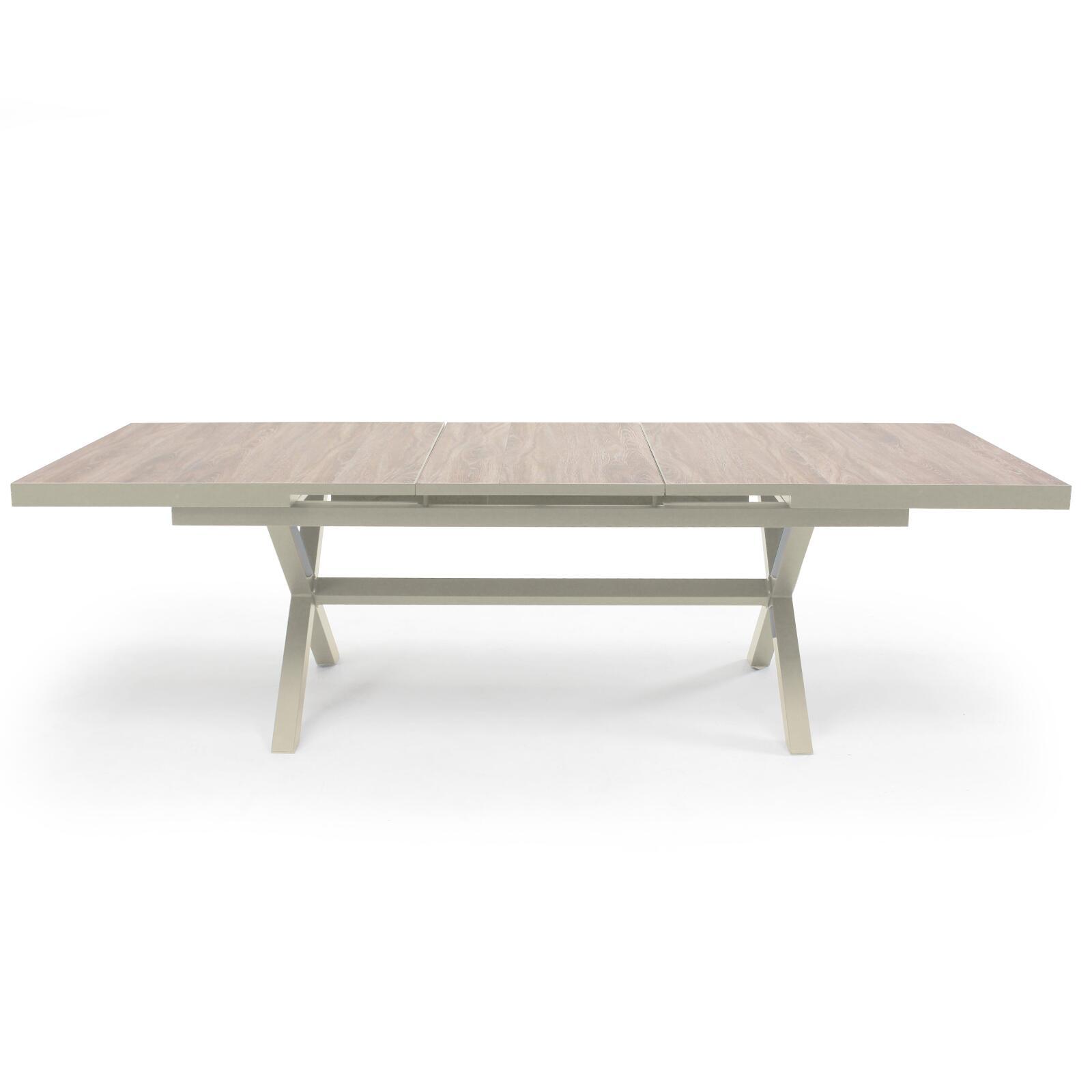 Mesa de jardín extensible de aluminio y cerámica efecto madera 8 a 12 personas 200/260x100 cm 