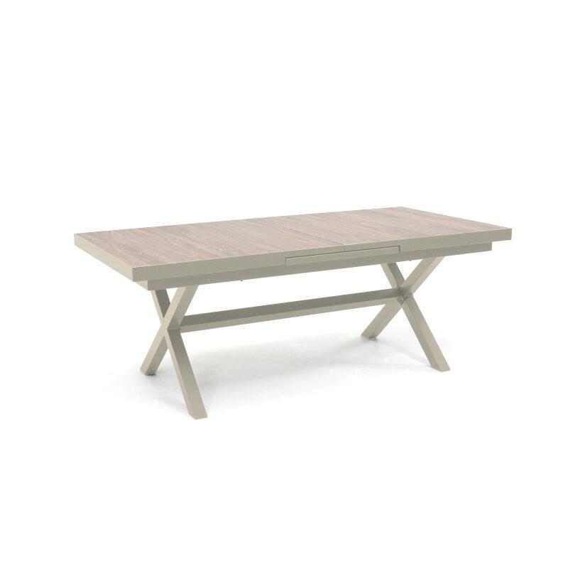 Mesa de jardín extensible de aluminio y cerámica efecto madera 200/260x100 cm y 10 sillas de textilene (3/6)