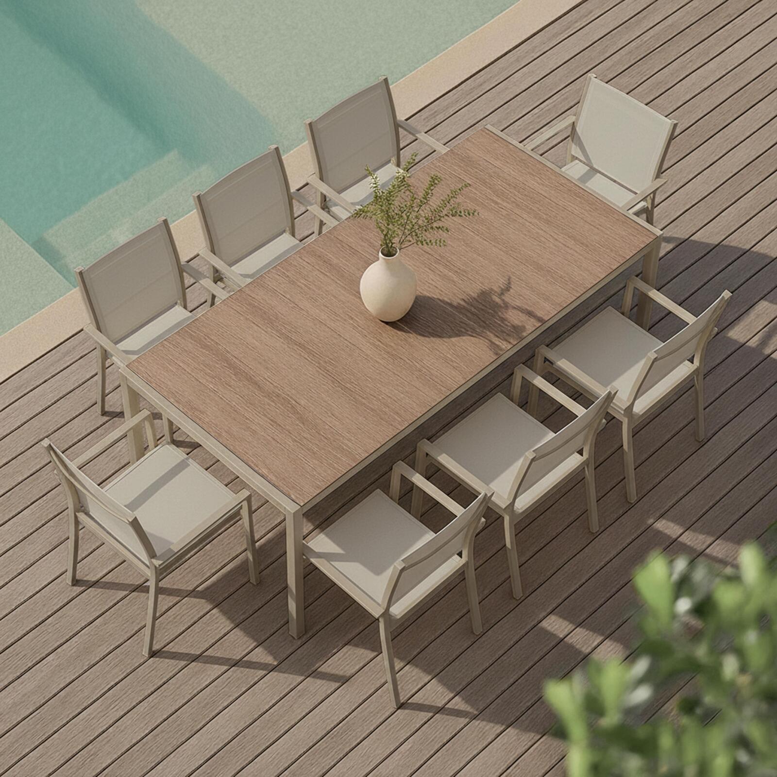 Mesa de jardín de aluminio y cerámica efecto madera 206x100 cm y 8 sillas en textilene