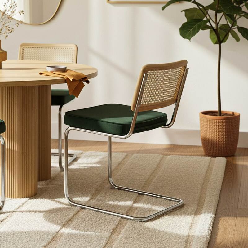 Sillas de terciopelo y metal con respaldo de tejido de enea - Lote de 2 (2/7)