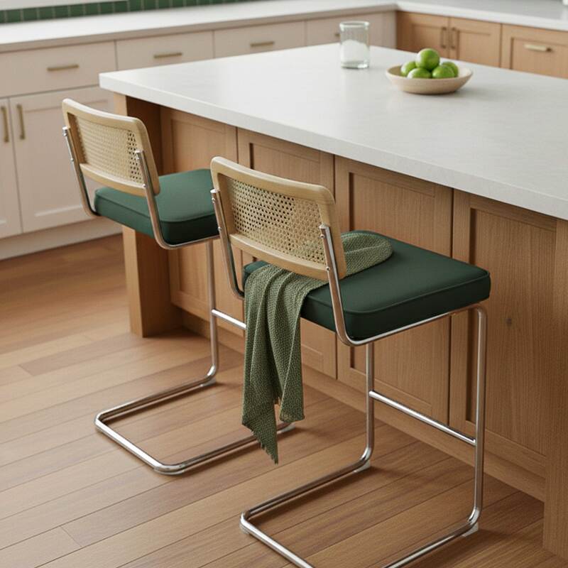 Sillas altas de terciopelo y metal con respaldo de tejido de enea - Lote de 2 (2/7)