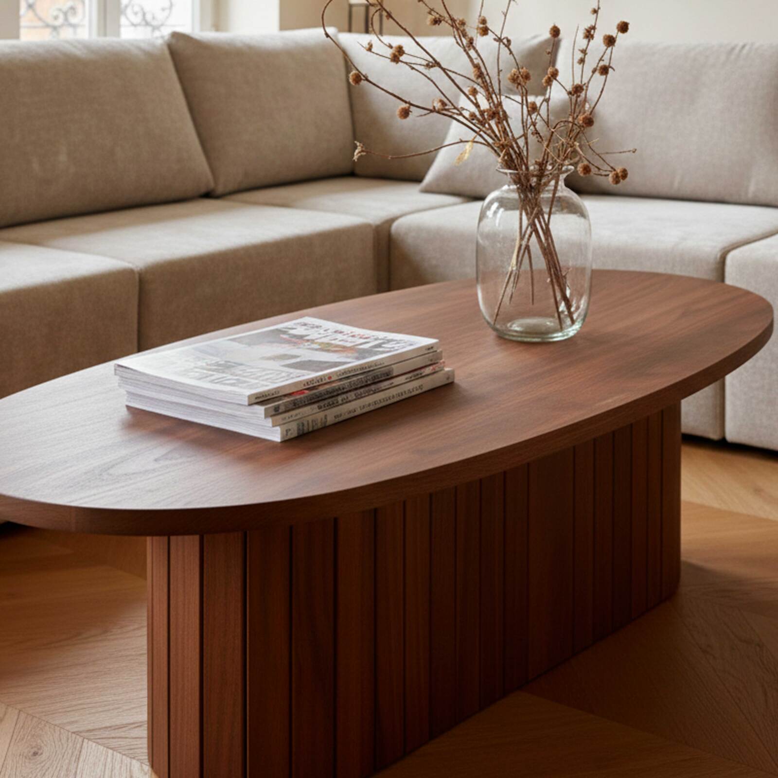 Mesa de centro efecto madera FSC® ovalada 120x60 cm estilo boho