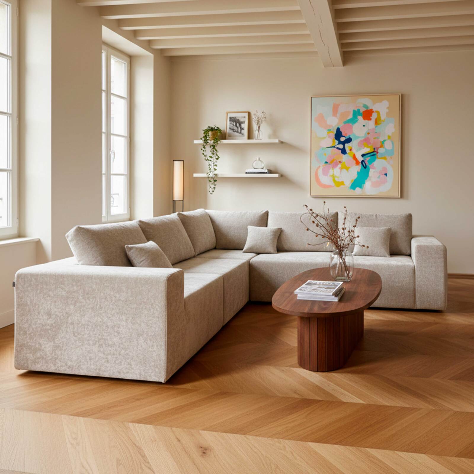 Mesa de centro efecto madera FSC® ovalada 120x60 cm estilo boho