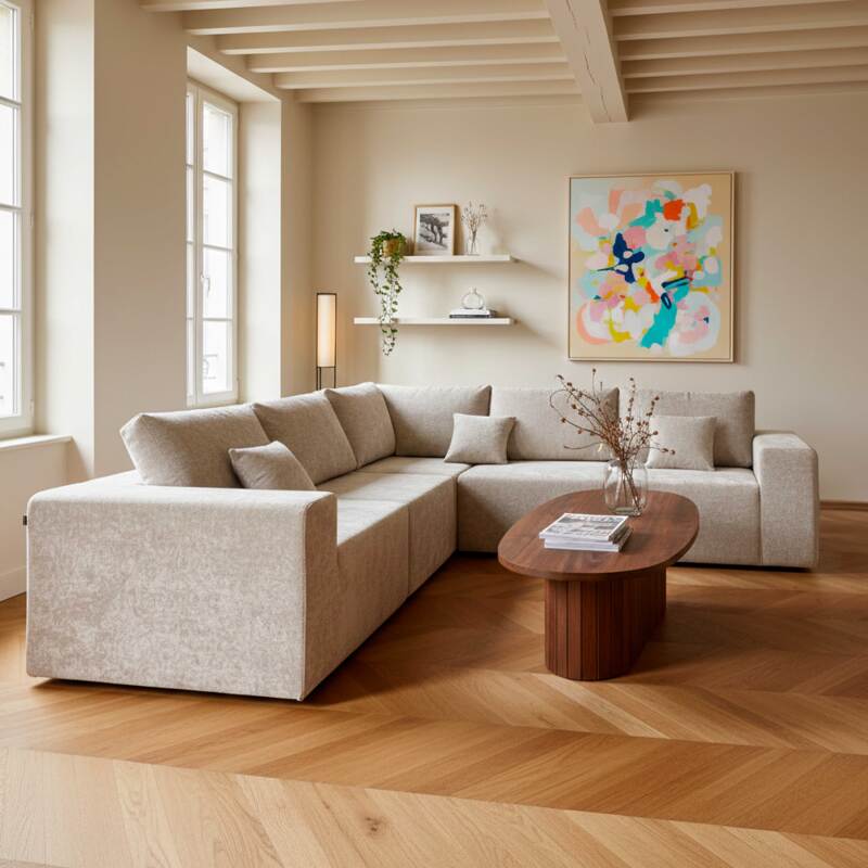 Mesa de centro efecto madera FSC® ovalada 120x60 cm estilo boho (3/8)