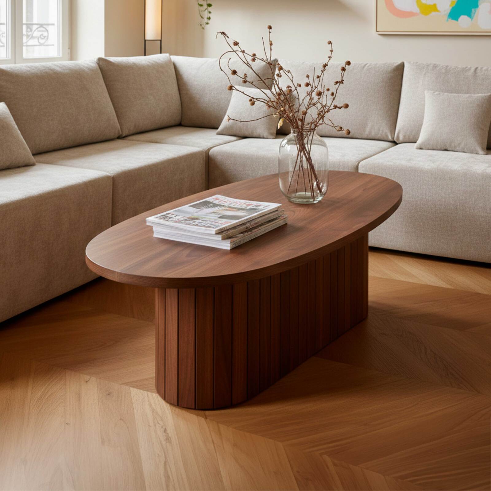 Mesa de centro efecto madera FSC® ovalada 120x60 cm estilo boho