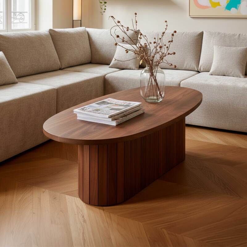 Mesa de centro efecto madera FSC® ovalada 120x60 cm estilo boho