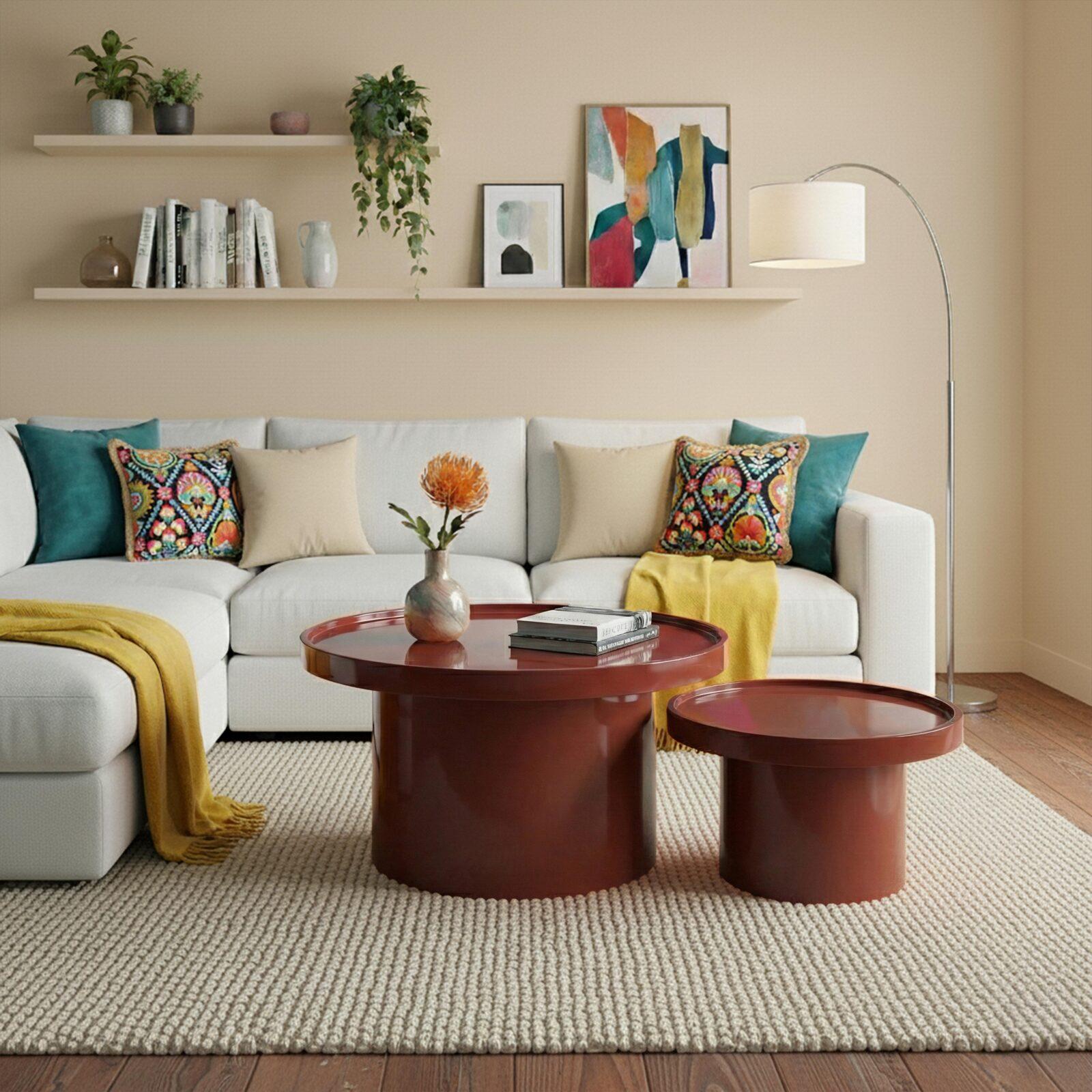 Mesas de centro efecto lacado nido redondas  Ø70 y Ø50 cm estilo retro - Lote de 2