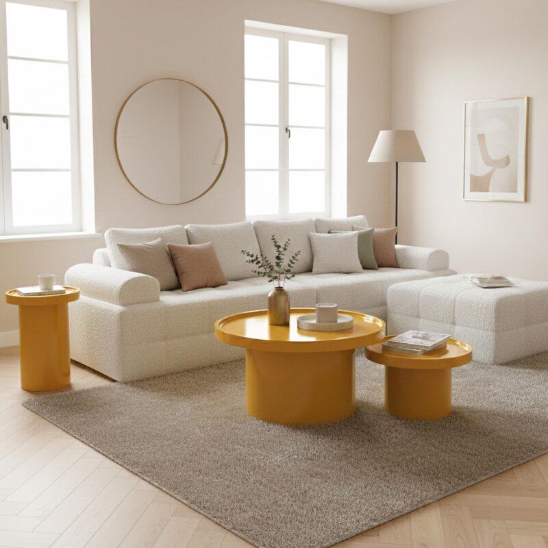 Mesas de centro efecto lacado nido redondas  Ø70, Ø50 y Ø40 cm estilo retro - Lote de 3