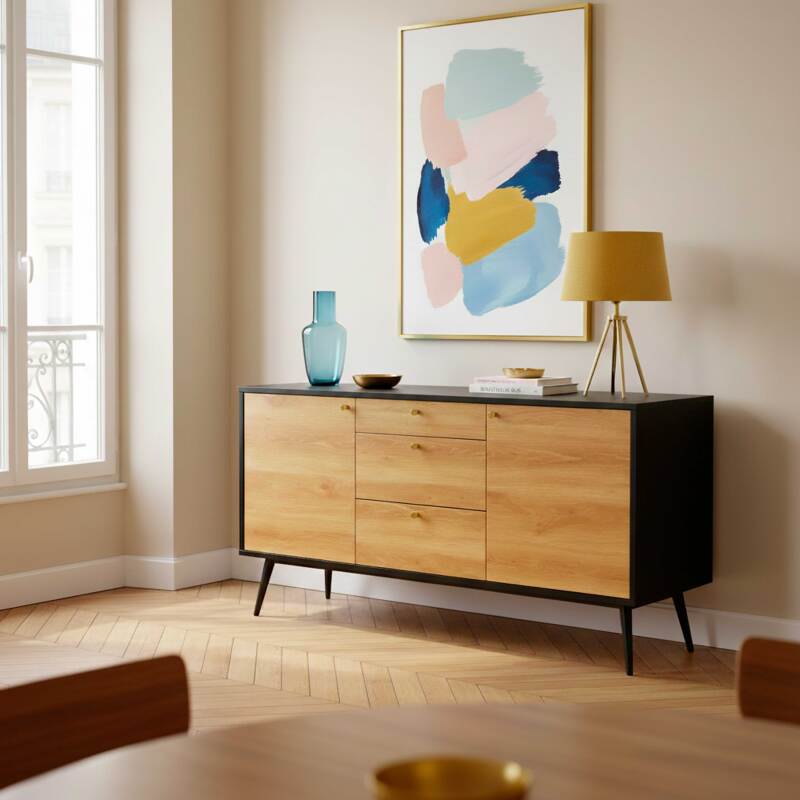 Aparador efecto madera clara 2 puertas 3 cajones 150 cm estilo escandinavo