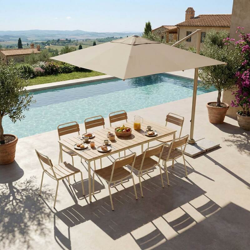 Mesa de jardín efecto madera de metal y polywood 180x90 cm y 8 sillas - Lifestyle