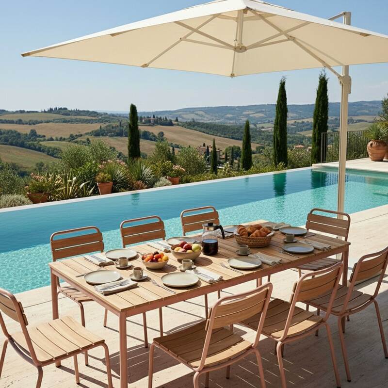 Mesa de jardín efecto madera de metal y polywood 180x90 cm y 8 sillas (2/6)