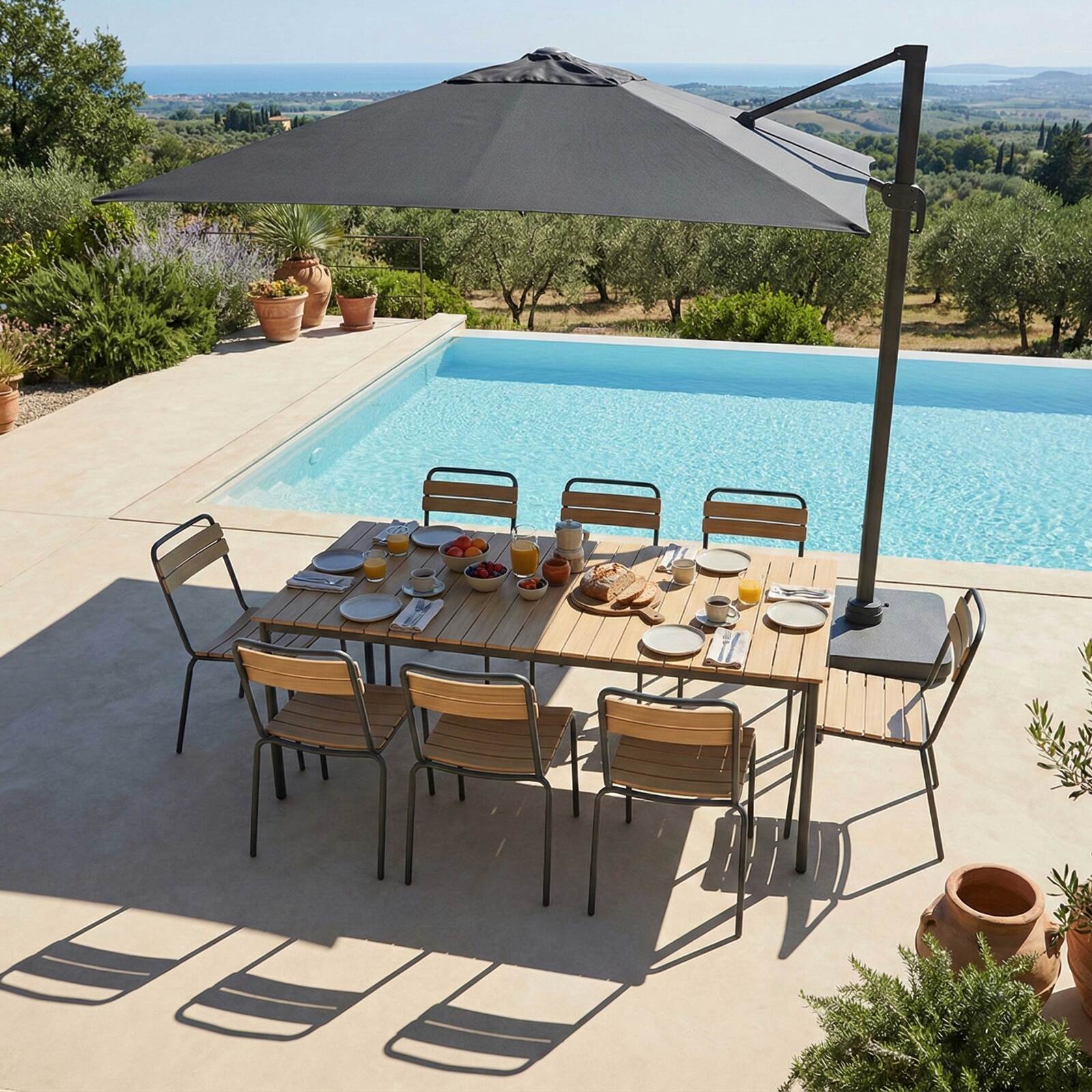 Mesa de jardín efecto madera de metal y polywood 180x90 cm y 8 sillas