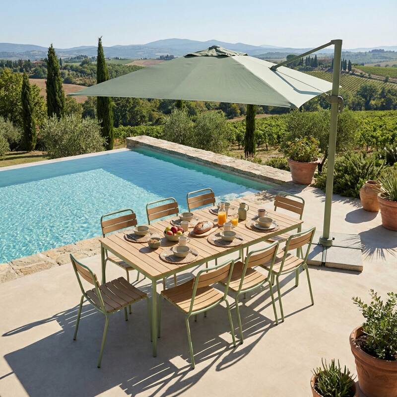 Mesa de jardín efecto madera de metal y polywood 180x90 cm y 8 sillas - Lifestyle